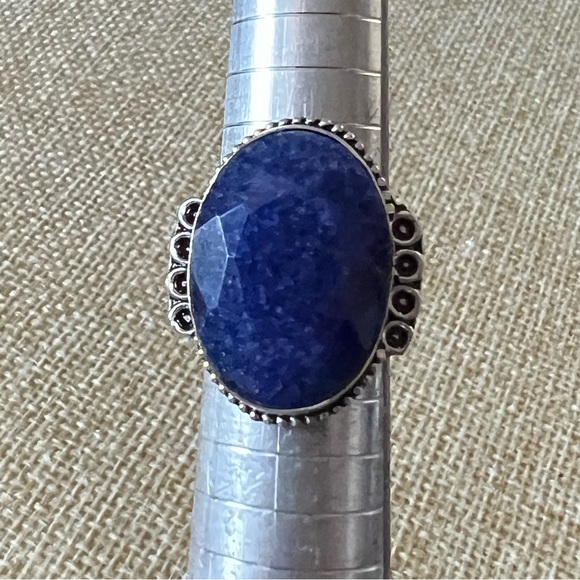 New Faceted Oval Blue Enhanced Sapphire Stone Silver Overlay Ring Size 7 - Picture 8 of 10